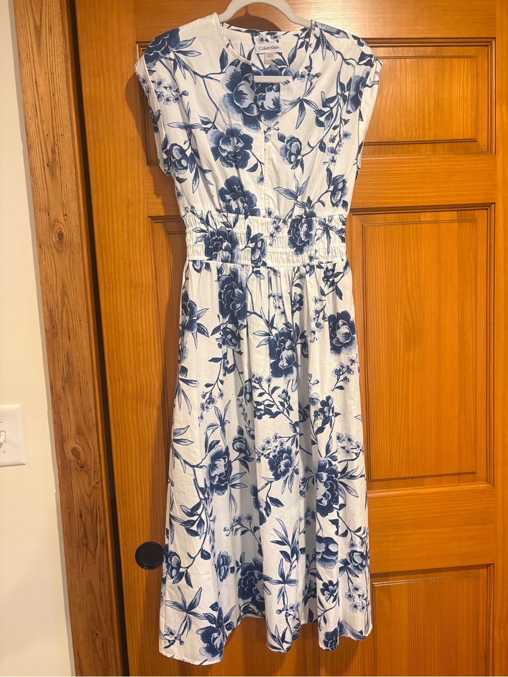 Calvin Klein Blue Floral Shirred-Waist Midi Dress